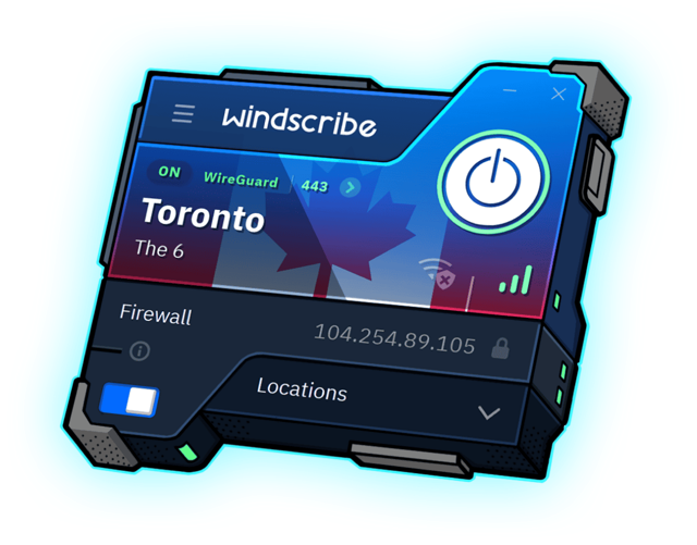 Windscribe promotional UI illustration with stylized frame; not a live app screenshot. Platform/version unspecified.