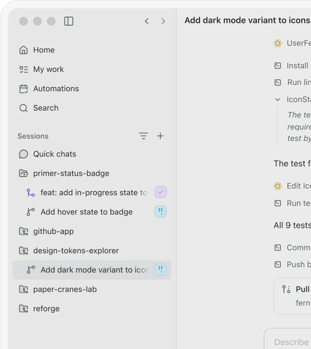 Detalhe oficial promocional da interface do Mac mostrando projetos do aplicativo Copilot e sessões de agentes em paralelo.