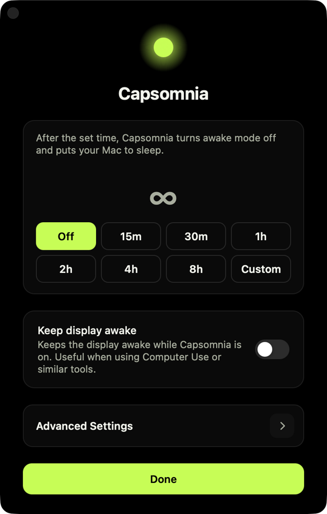 Capsomnia — official settings window example
