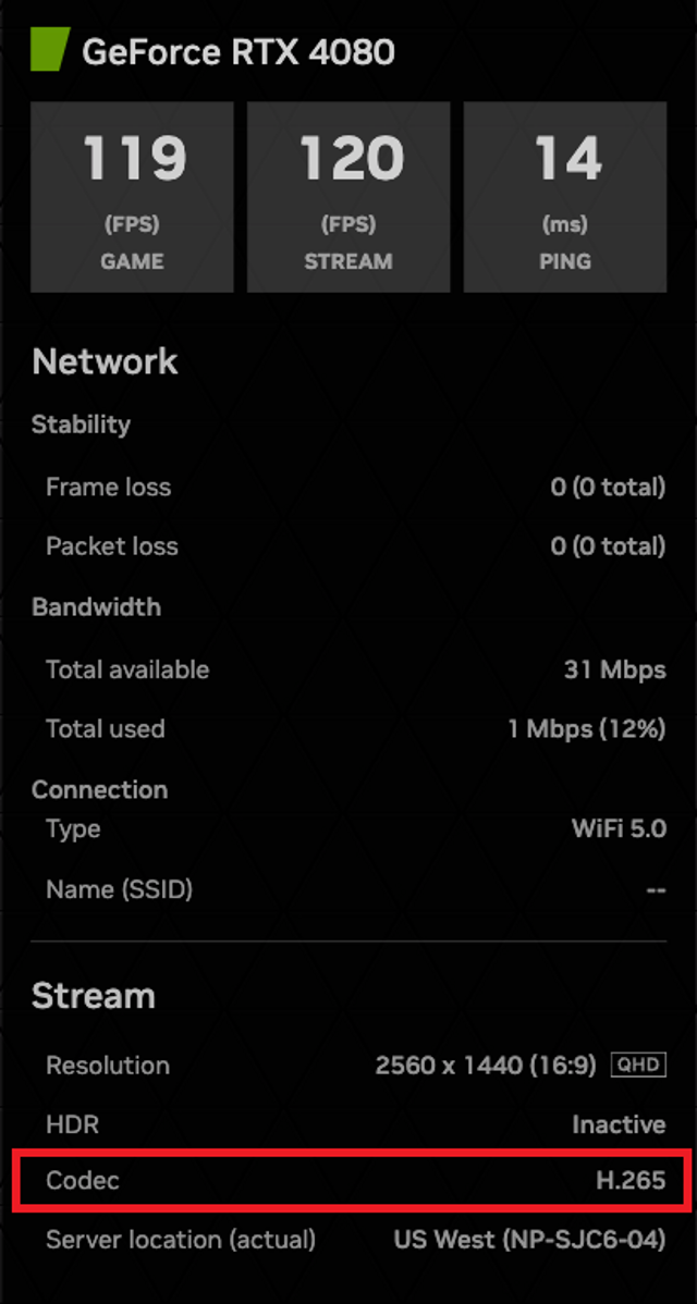 Официальный обрезанный интерфейс статистики потоковой передачи GeForce NOW с подробностями о кодеке; не точная версия для Mac 2.0.89.141.