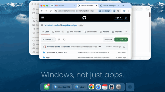 Tungsten Edge — barra de tarefas por janela no Mac, apresentada na demonstração oficial