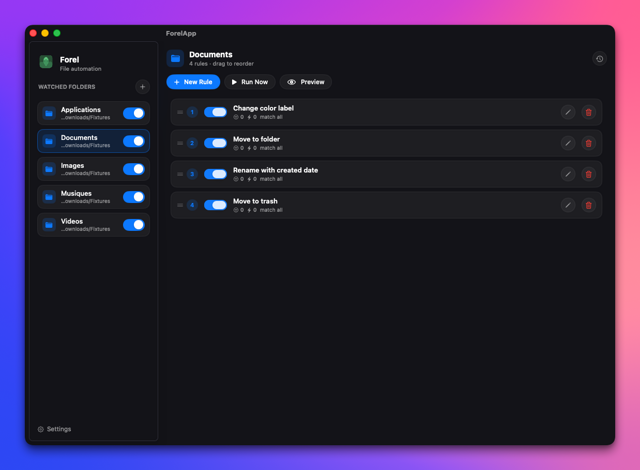 Official Mac preview of watched folders and file automation rules.