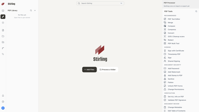 Stirling PDF platform dashboard, from the official README; shared web/desktop interface.
