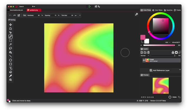 Official 2.0.0.97 Beta preview with painting tools, color wheel and layers.