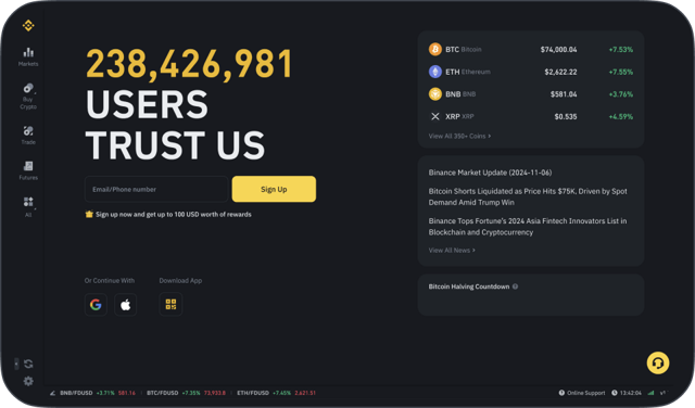 Official dark desktop home preview with market quotes and sign-up controls.