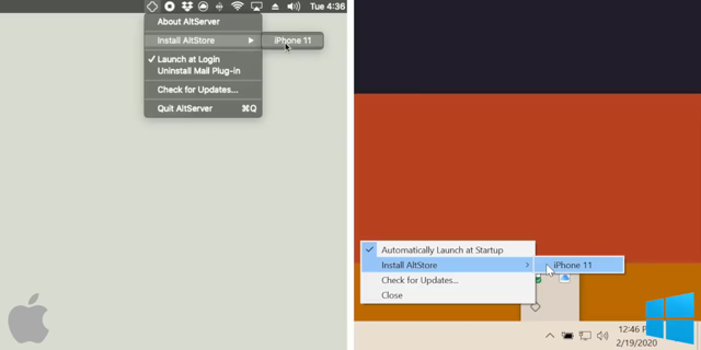 Tutorial linked by the official guide: historical AltServer menus, Mac left and Windows right.