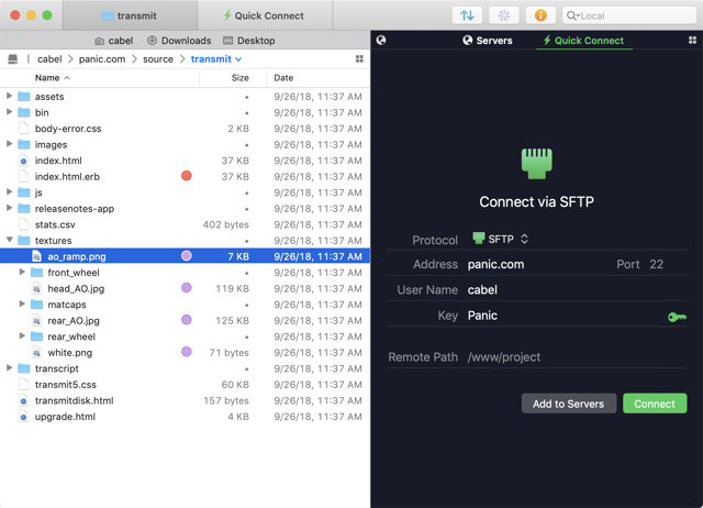 Official Transmit 5 screenshot: dual-pane file browser.