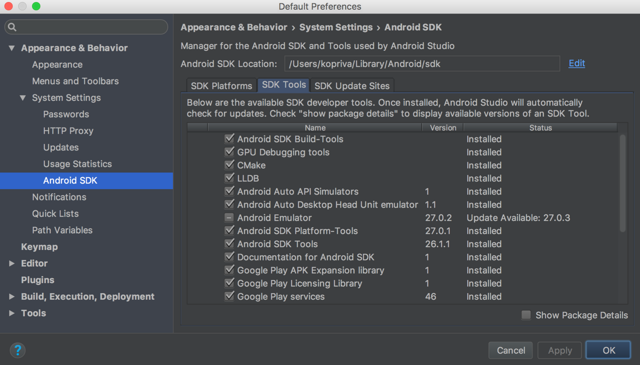 Official historical Mac Android Studio SDK Manager; companion installation UI, not the current standalone CLI build.
