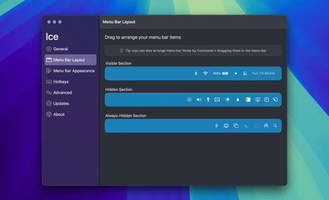 Official macOS gallery example: arrange visible, hidden and always-hidden menu bar sections; not version-specific.