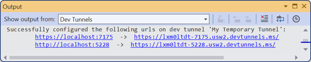 Official Windows Visual Studio Dev Tunnels output; companion workflow, not a Mac CLI build capture.