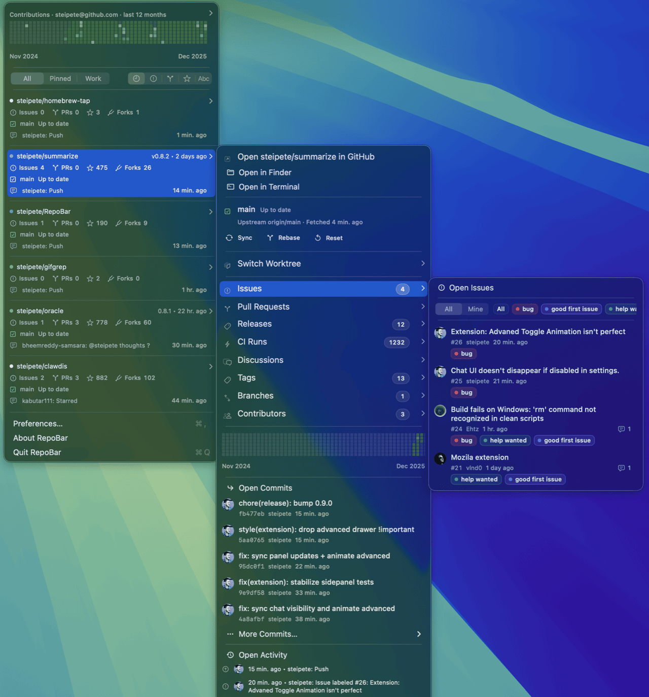 Official historical RepoBar example: repositories, local branch state and issue filters; application build unknown.