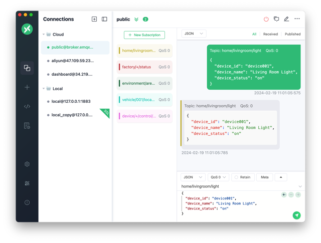 Official MQTTX desktop preview: broker connections and MQTT message publishing and subscriptions.