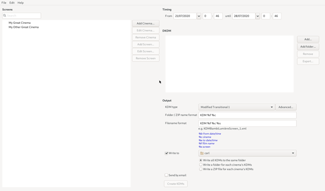 Official manual view of cinema selection, validity dates and KDM output options.