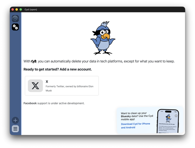 Official historical welcome: add X account, with mobile-app promotion; macOS-style controls, version unknown.