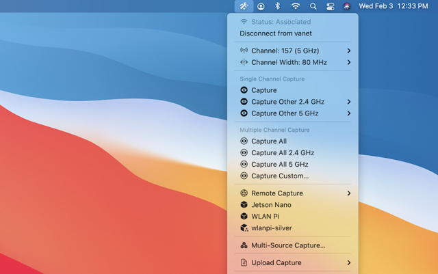 Official menu-bar screenshot showing channel and packet-capture options.