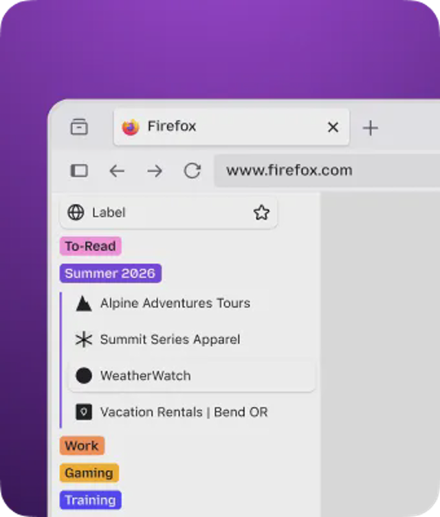 Firefox 官方网站插图，展示侧边栏中已标记的标签页组；并非 Mac 版本的精确截图。