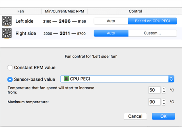 Official Mac sensor-based fan-control dialog and fan-speed table; pictured build is unspecified.