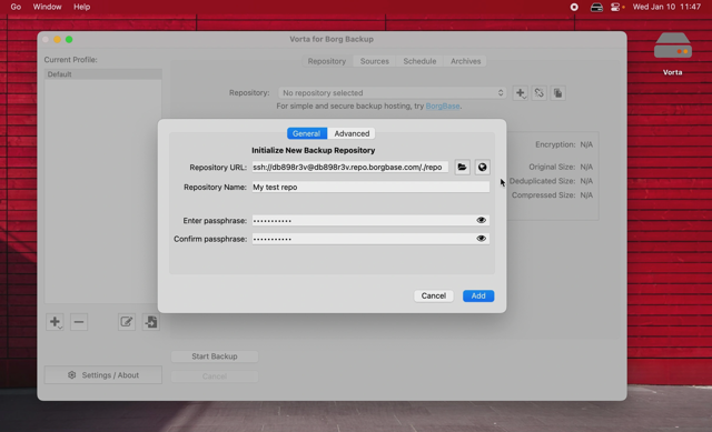 Vorta 0.9 for Mac — official demo of backup repository initialization