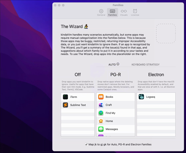 kindaVim for Mac — Families settings in the official Wizard demo