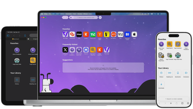 Official Orion 1.1 promotion showing Mac, iPad and iPhone browsing interfaces; exact build unspecified.