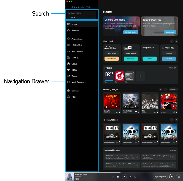 Official BluOS 4.0 desktop guide showing Home, music sources and playback controls.