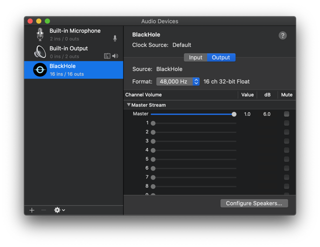 Official Audio MIDI Setup example showing the 16-channel variant; this package installs BlackHole 2ch.