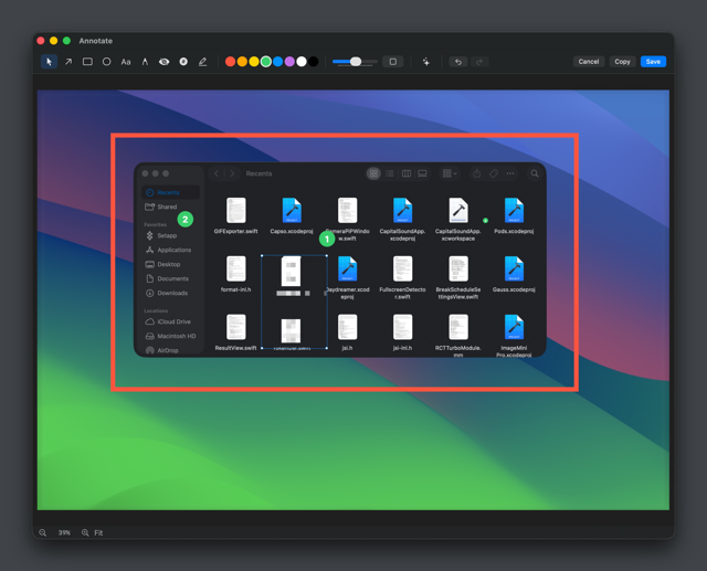 Editor Annotate com captura do Finder anotada; interface estilo macOS, versão exata não informada.