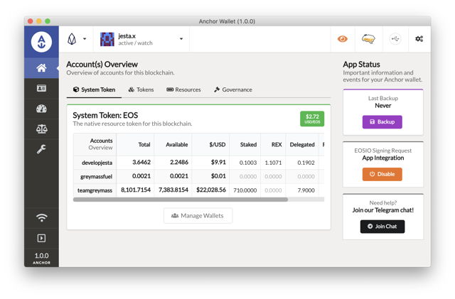 Anchor Wallet para Mac — vista de cuentas oficial de la versión histórica 1.0.0