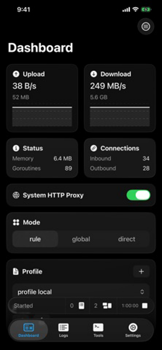 Official sing-box MT iPhone dashboard; related Apple-client family example, not a Mac SFM build capture.