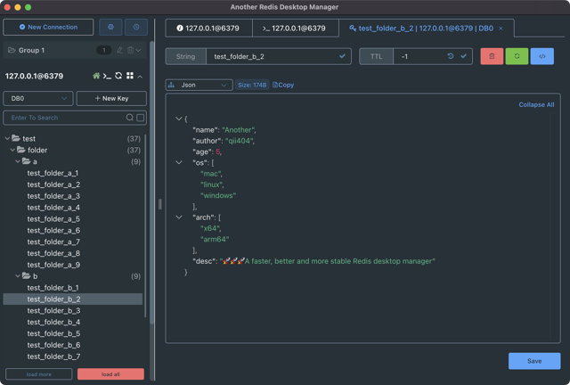 Official Mac Redis key-browser and JSON value-editor example; pictured application build is unspecified.