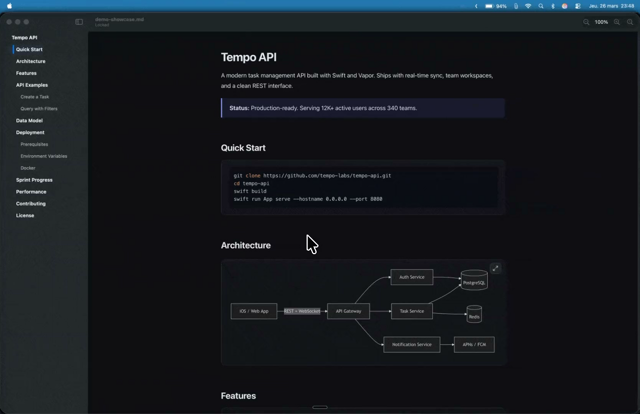 Official macOS demo showing Markdown navigation, code and a diagram.