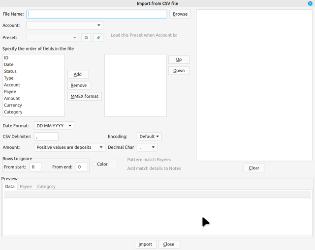 Money Manager Ex CSV import dialog with field order and format settings