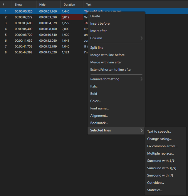 Subtitle Edit — official subtitle grid and context-menu example