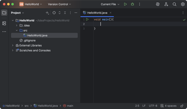 Ejemplo oficial de IntelliJ IDEA en macOS: proyecto HelloWorld y editor Java.
