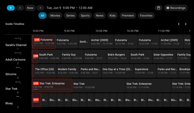 Live TV program guide — official Moonfin desktop interface example