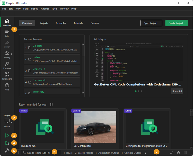 Annotated Qt Creator Welcome/Overview on Windows; exact IDE version unspecified