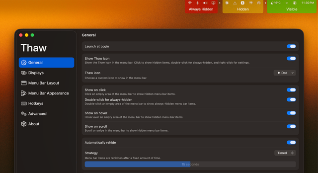 Ejemplo oficial de configuración de Thaw en macOS: secciones visible, oculta y siempre oculta; versión de la aplicación no identificada.