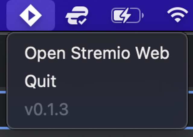 Stremio Service 0.1.3 Mac menu — historical screenshot from the official usage guide
