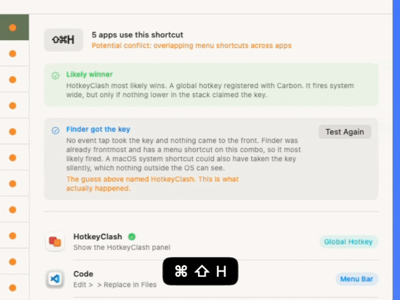 HotkeyClash official demo: static shortcut prediction and an observed Finder result; no visible version.