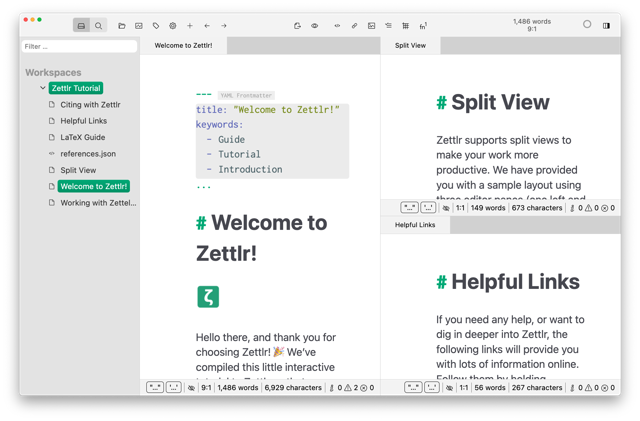 Exemplo histórico oficial do espaço de escrita e da visualização dividida do Zettlr v3 para Mac.