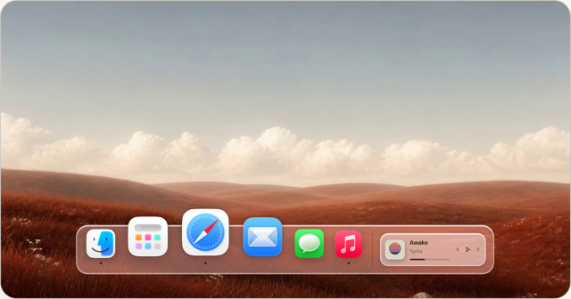 Official press-kit preview of the customized Dock and media widget.