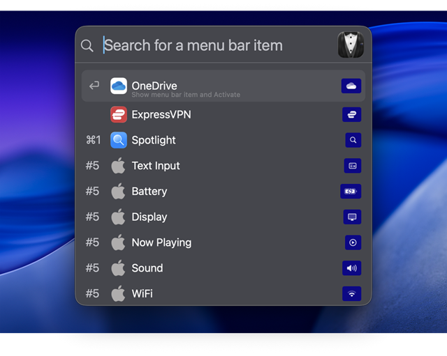 Official historical Bartender 6 menu-item search interface; not a screenshot of the current Bartender 7 build.