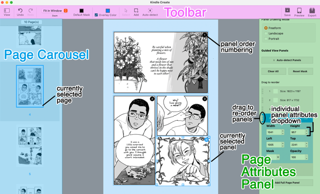 Kindle Create for Mac comic editor — annotated screenshot from the official guide