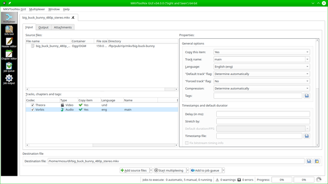 Official historical MKVToolNix GUI v34.0.0 Linux multiplexer view; not the current Mac package.