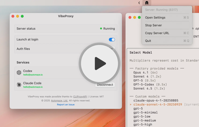 Official macOS demo thumbnail: VibeProxy settings and model picker; play overlay. Exact app version unknown.