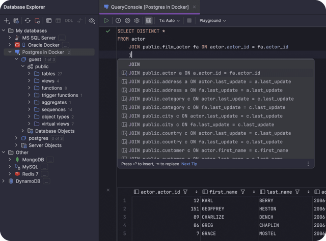 Official DataGrip SQL-console and completion example; exact platform and build not specified.