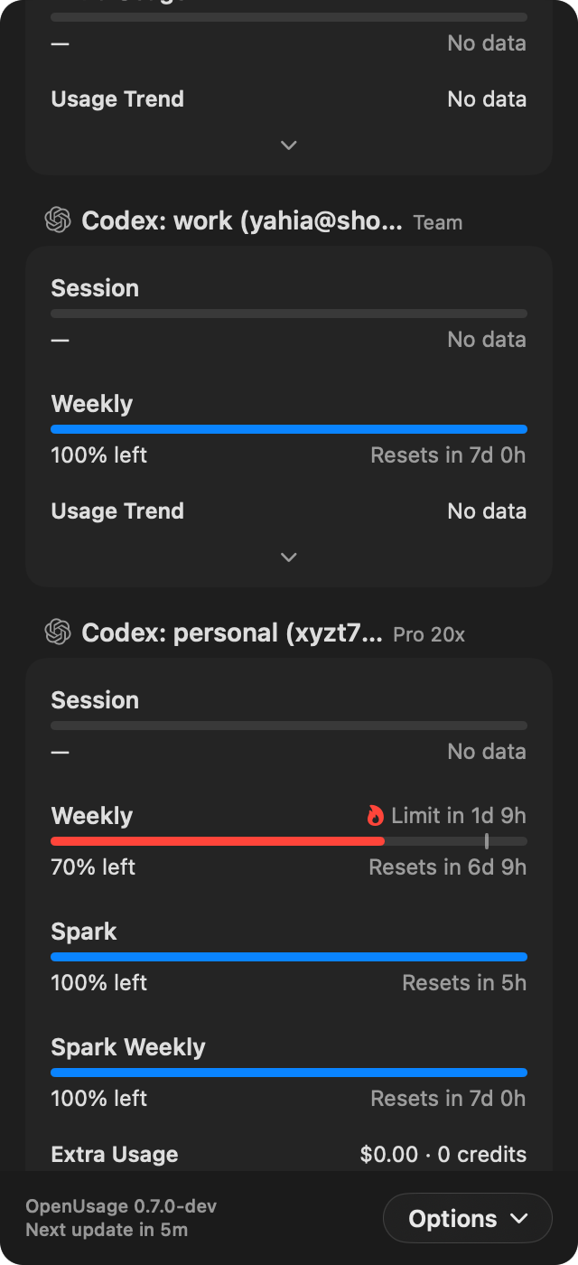 Captura de tela histórica oficial do painel mult conta em modo escuro do OpenUsage 0.7.0-dev; versão visível, não 0.7.14.