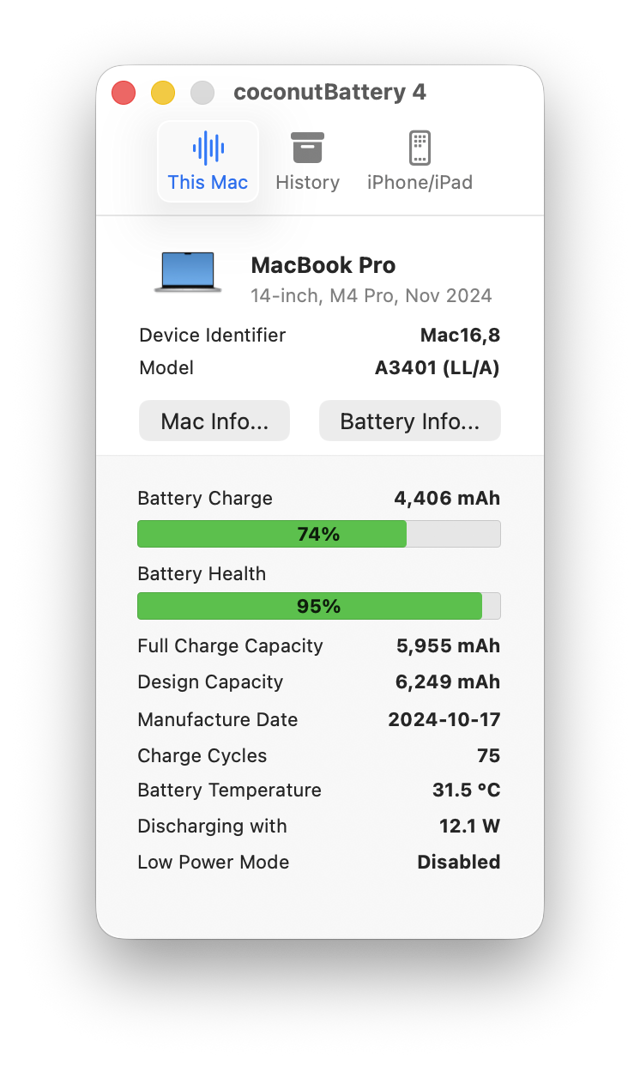 Official coconutBattery 4 Mac battery-information screenshot; exact build unspecified.