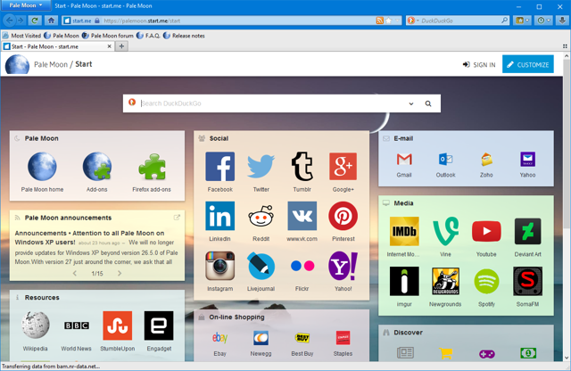 Official historical Windows 10 screenshot showing the Pale Moon start portal.