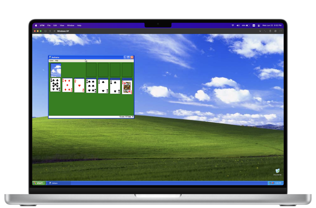 Demonstração histórica oficial do UTM executando WindowsXP em um MacBook; não é uma captura correspondente a 4.7.5-specific.